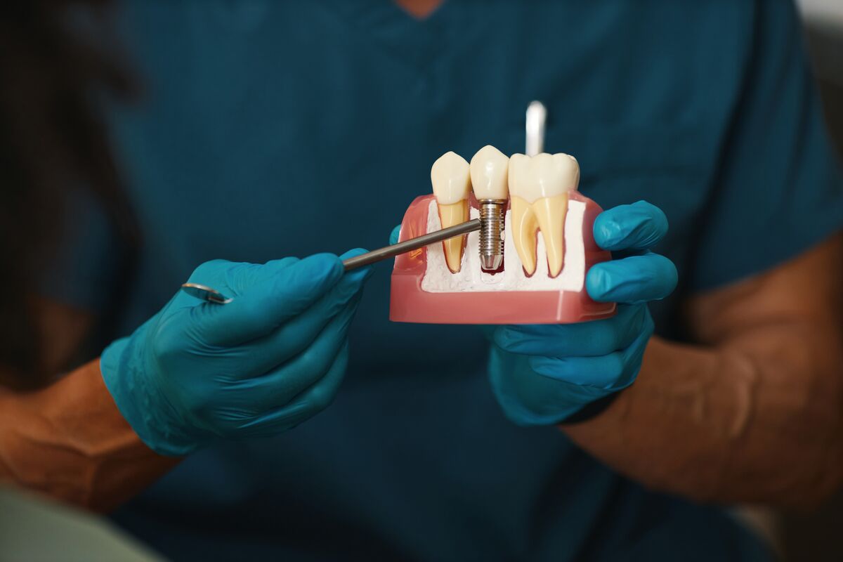 A gloved clinician holding a cutaway model of the jaw, pointing a probe at the threaded implant post beneath a crown.